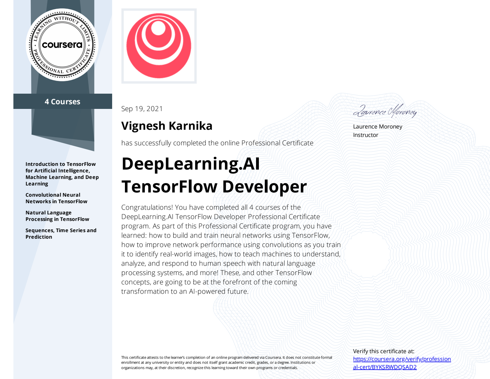 TensorFlow Developer Professional Certificate certificate