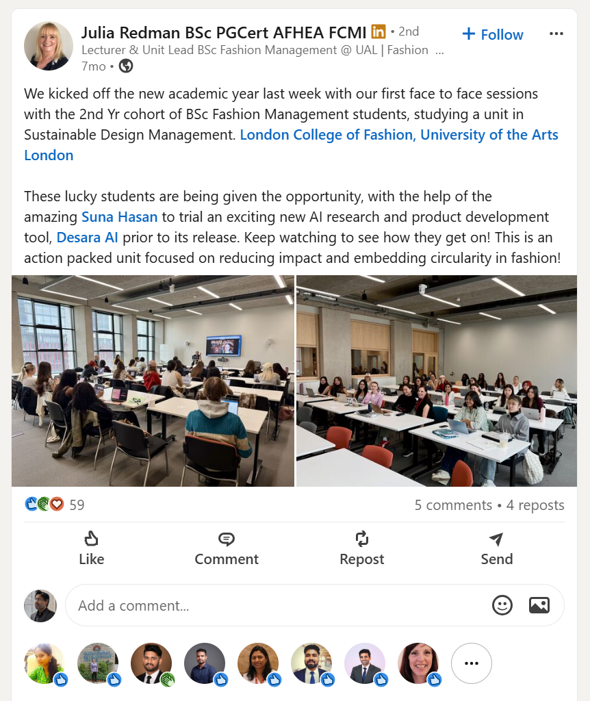 LinkedIn post: London College of Fashion BSc students trialling Desara AI