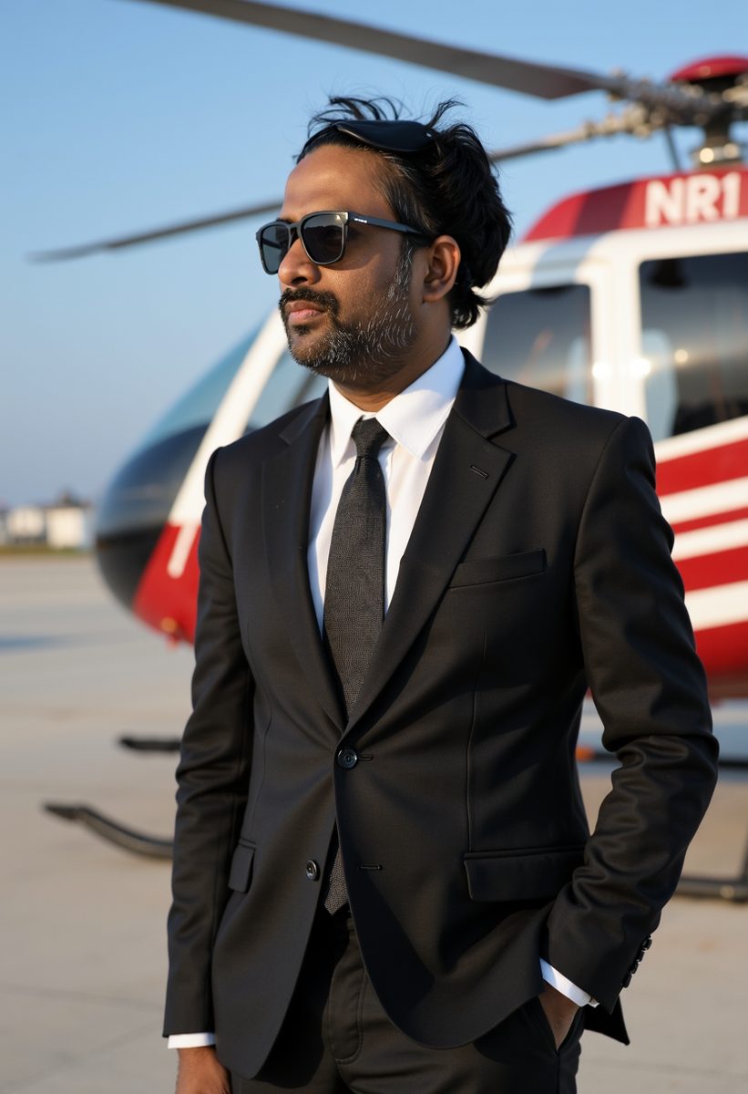 Generated image: black suit beside a helicopter