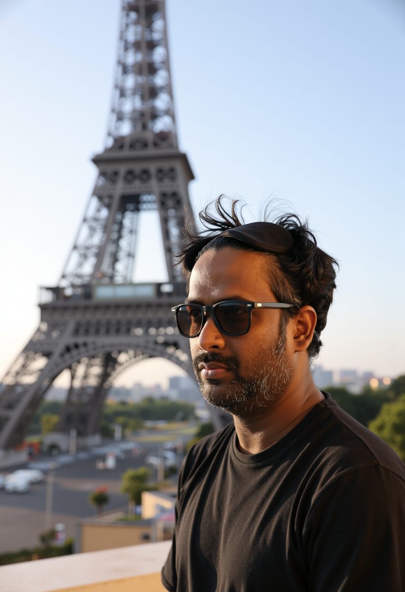 Generated portrait in front of the Eiffel Tower