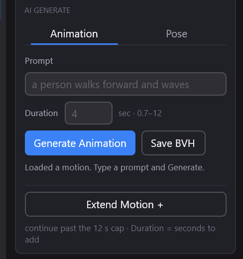 Prompt panel: generate, save, or extend a motion