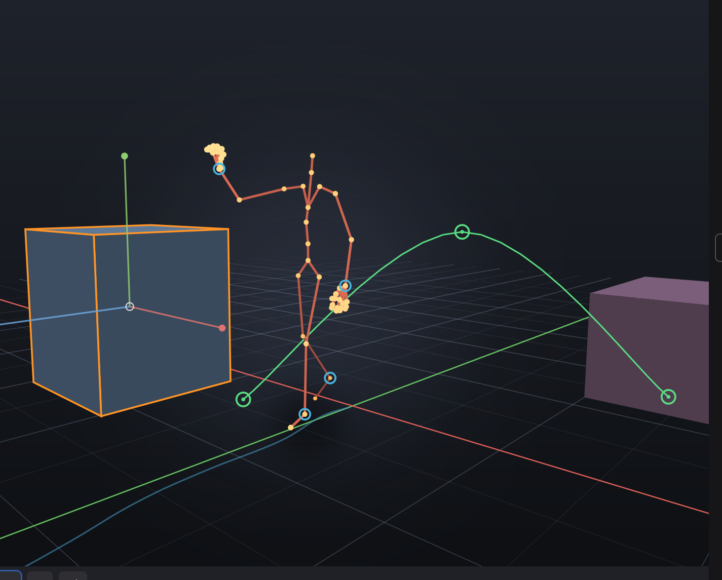 Viewport: gizmos, per-joint IK handles, props, and the root path