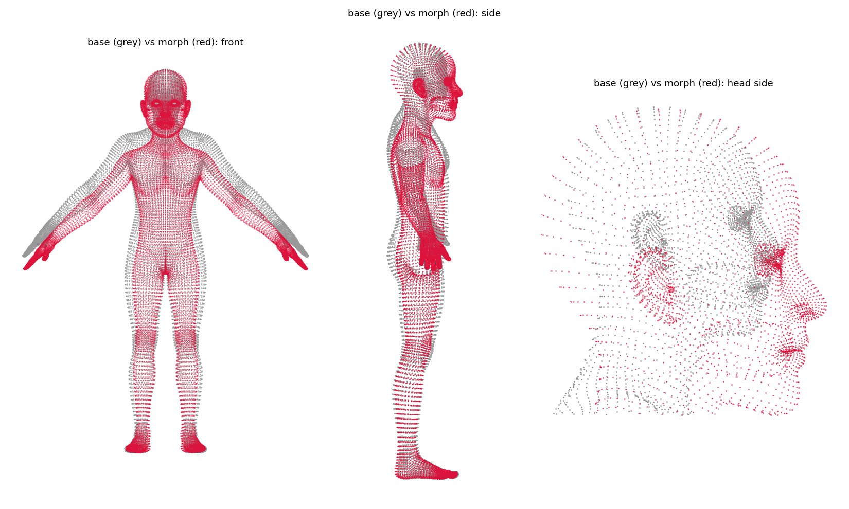 Base mesh in grey against the fitted morph in red, from the front, the side, and the head in profile